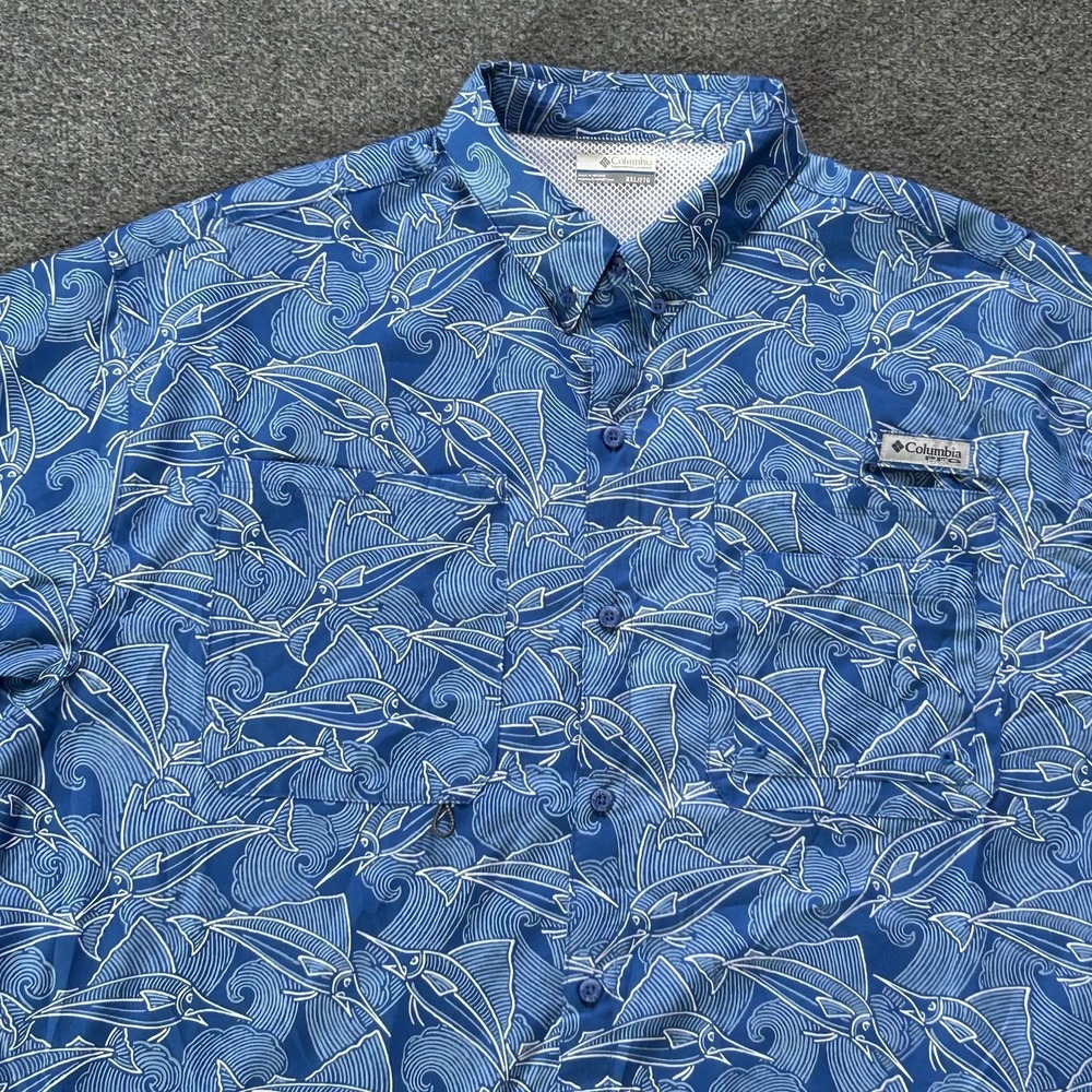 Columbia Shirt‎ Mens 2XL PFG Omni-Shade Blue Fish Print Short Sleeve Vented